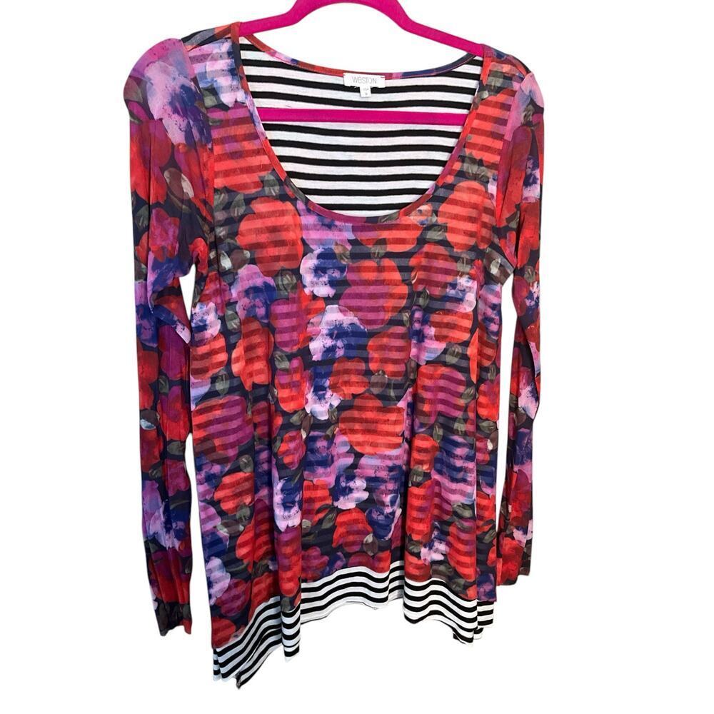 Weston Womens Floral‎ Striped Top Scoop Neck Long Sleeve Boho Size Medium NEW